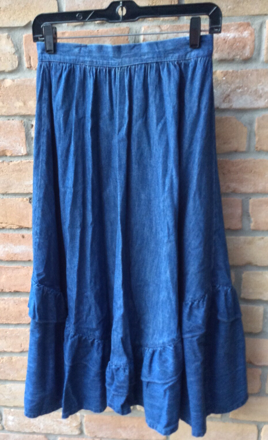 VTG 80s Blue Denim Prairie Skirt Sz S? 26″W Ruffle Country Western Rustic Farm