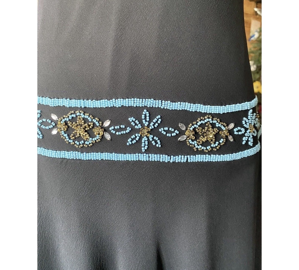 Vtg Vera Chris 100% Silk Bded Flapper Drs Sz 8 Blk Turq Art Deco Gatsby Drop Wai