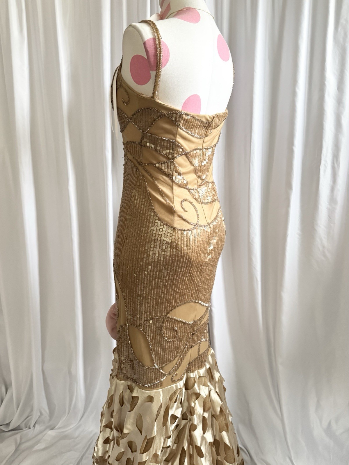 Vintage Gold Fairy Beaded Sequin Ruffle Mesh Vacation Princess Formal Gown Dress