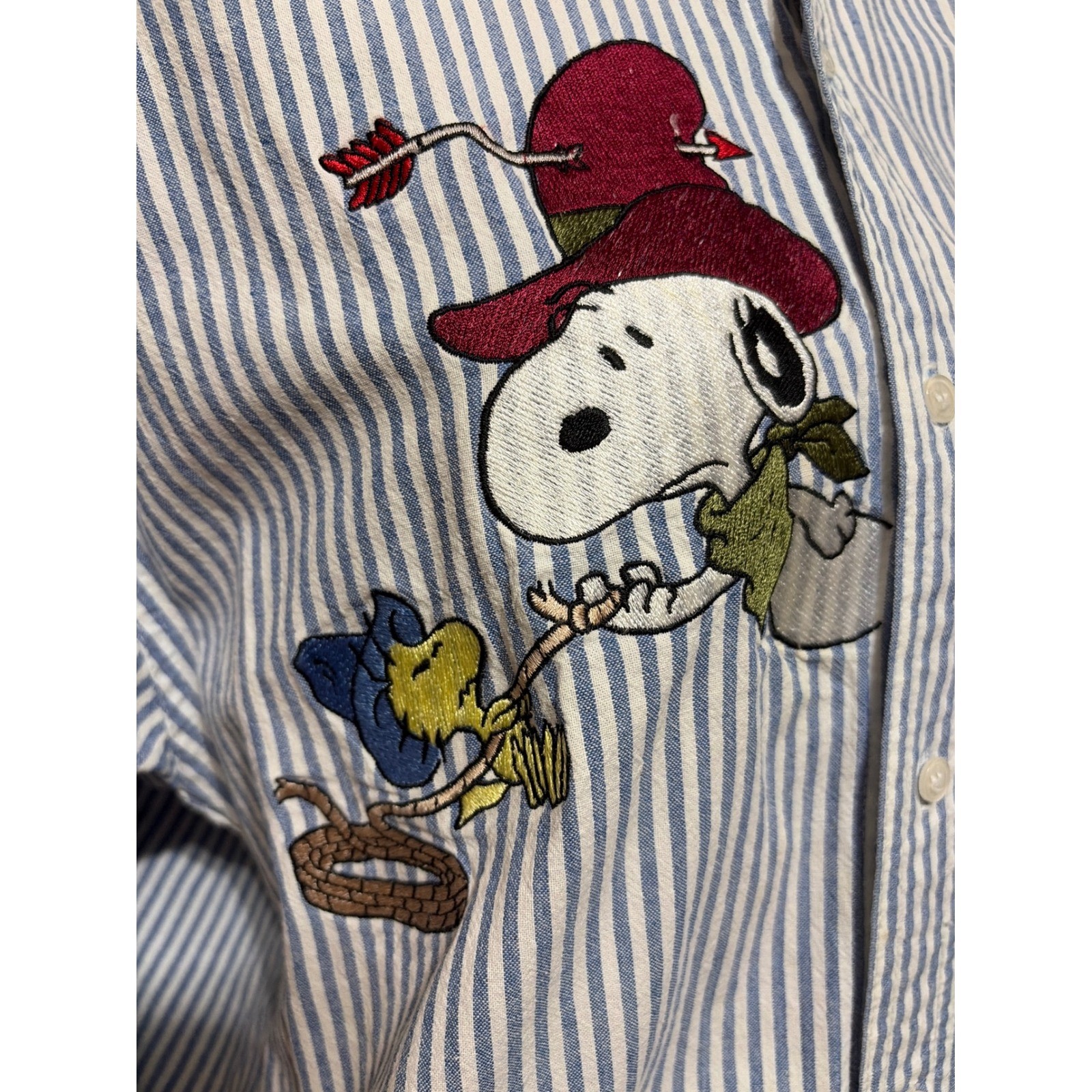 Too Cute! Snoopy Woodstock Embroidered Striped Button S Shirt Charlie Brown VTG