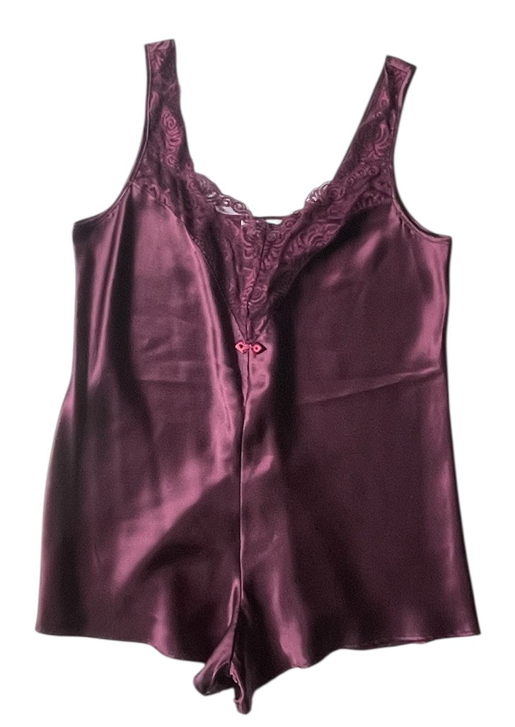 Vintage Burgundy Wine Satin Romper Slip TEDDY Lingerie Lace Snap Crotch Sz Sm