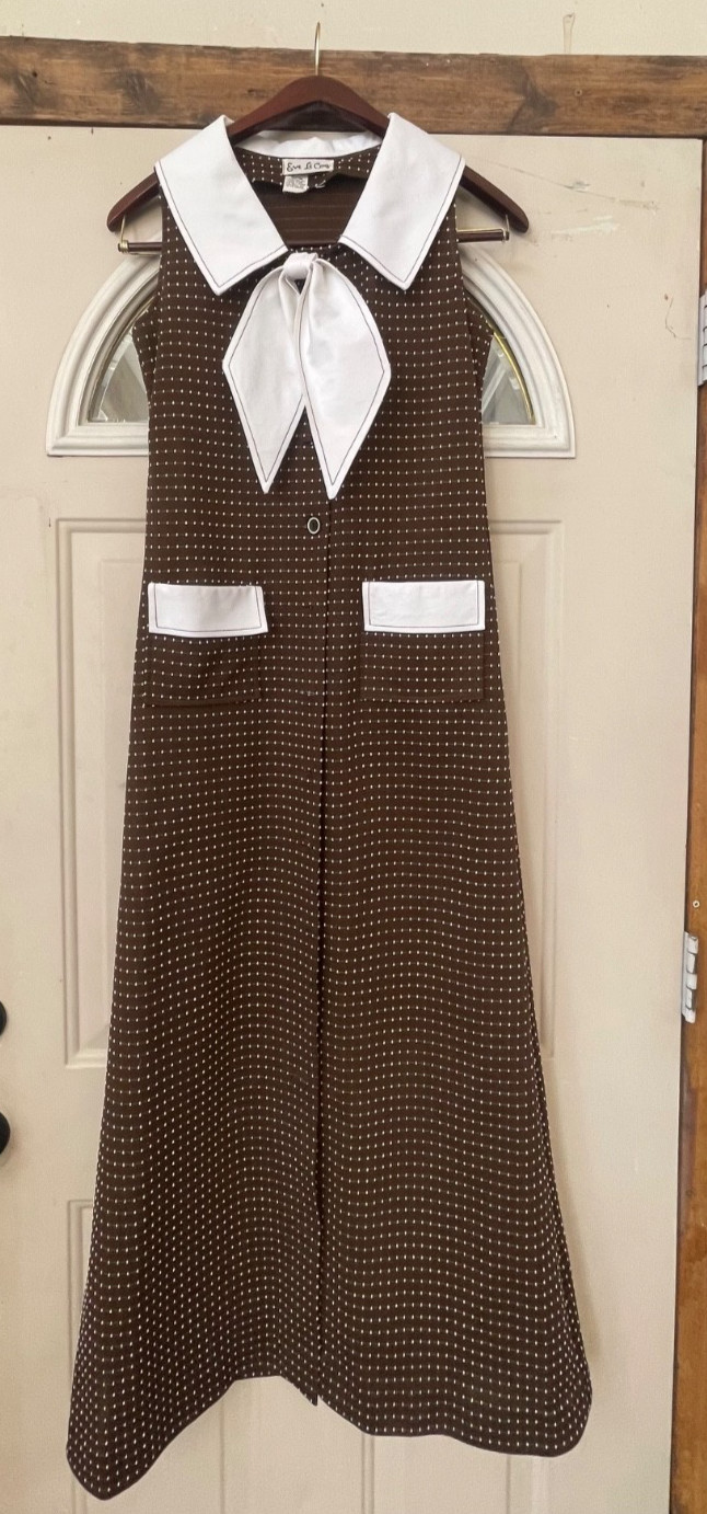 VTG 1970’s Sun Dress EVE Le Coq Brown & White Dot Polyester Mod Maxi