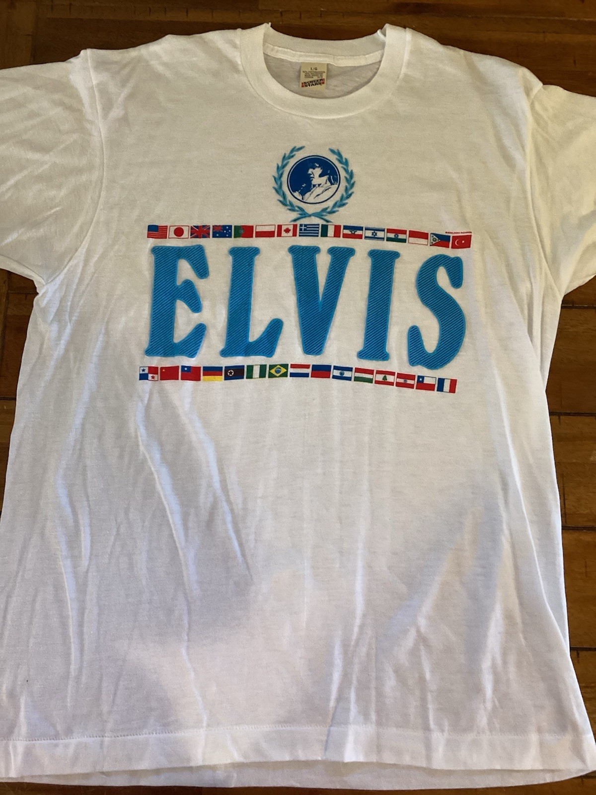 VTG 70s 80s ELVIS PRESLEY World Concert Tour UNUSED nos T-Shirt Sz L 50/50 Blend
