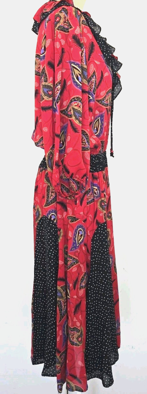 Assorti for Susan Freis M Vintage Midi Dress Ruffle Collar paisley Print red blk