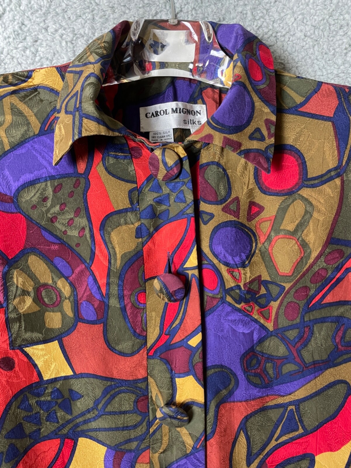Vintage Carol Mignon Silks Dress 10 Multicolor Abstract Buttons Shift Tie VTG