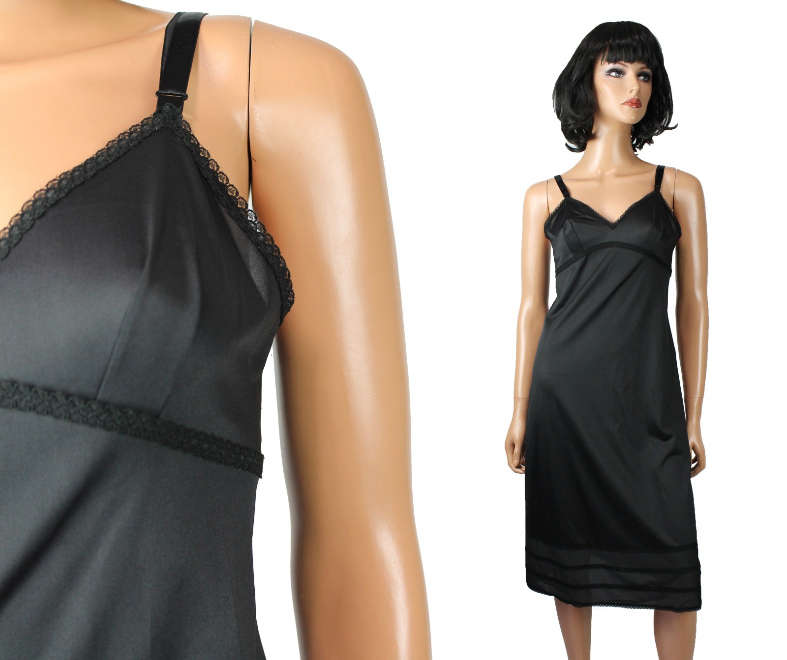 70s Full Dress Slip 32 Tall Vintage Lorraine Black Lace Trim Tiered Snip It Hem
