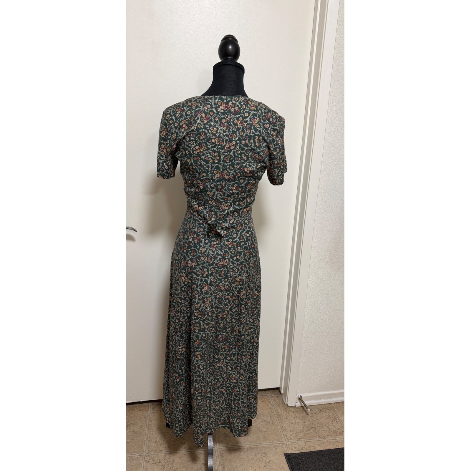 Vintage Rampage Floral Maxi Dress Green Rayon Button Front Tie Back Cottage 90s