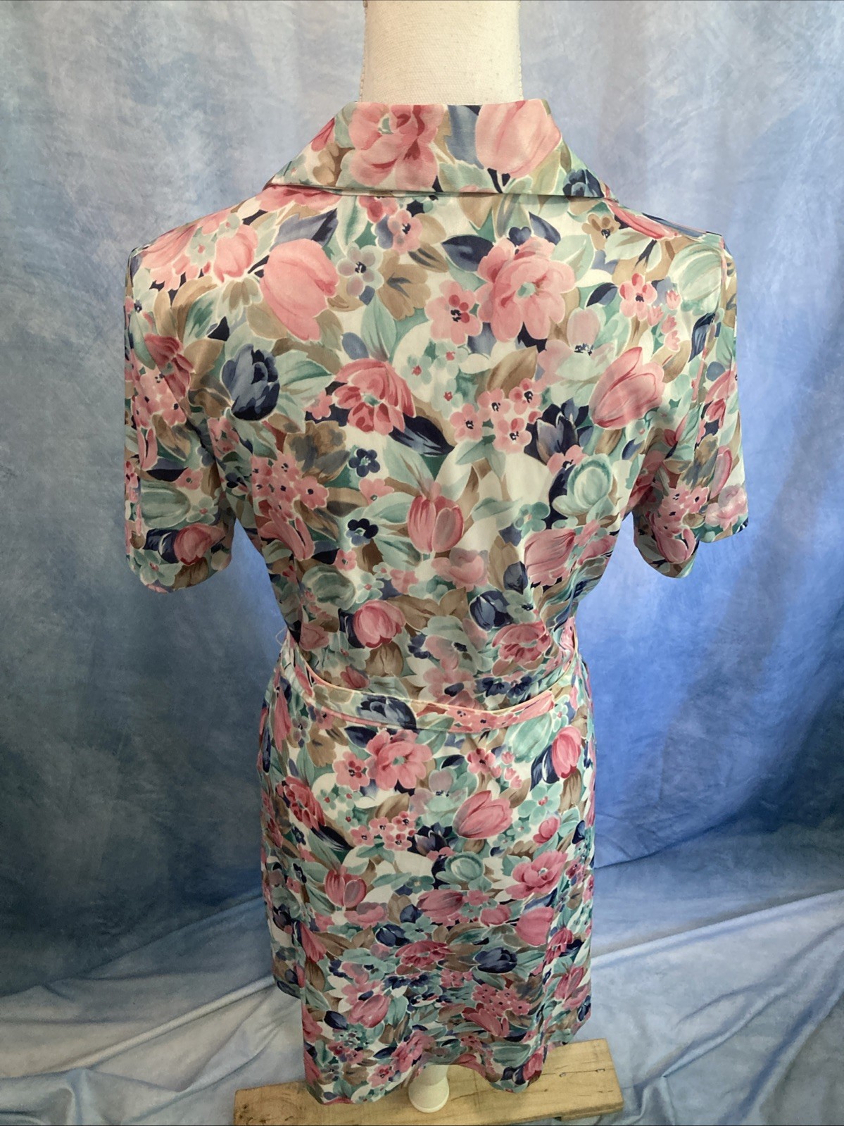 Vtg BLAIR Floral Shirtdress Pastel Pink Blue Midi Dress 80s Does 70s Style XS