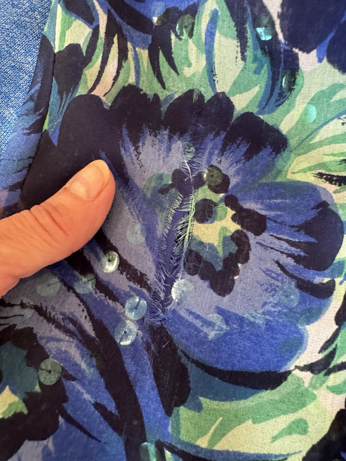 1960s Vintage Silk Chiffon Party DRESS Blue/Green Floral Lined Taffeta M Sequin
