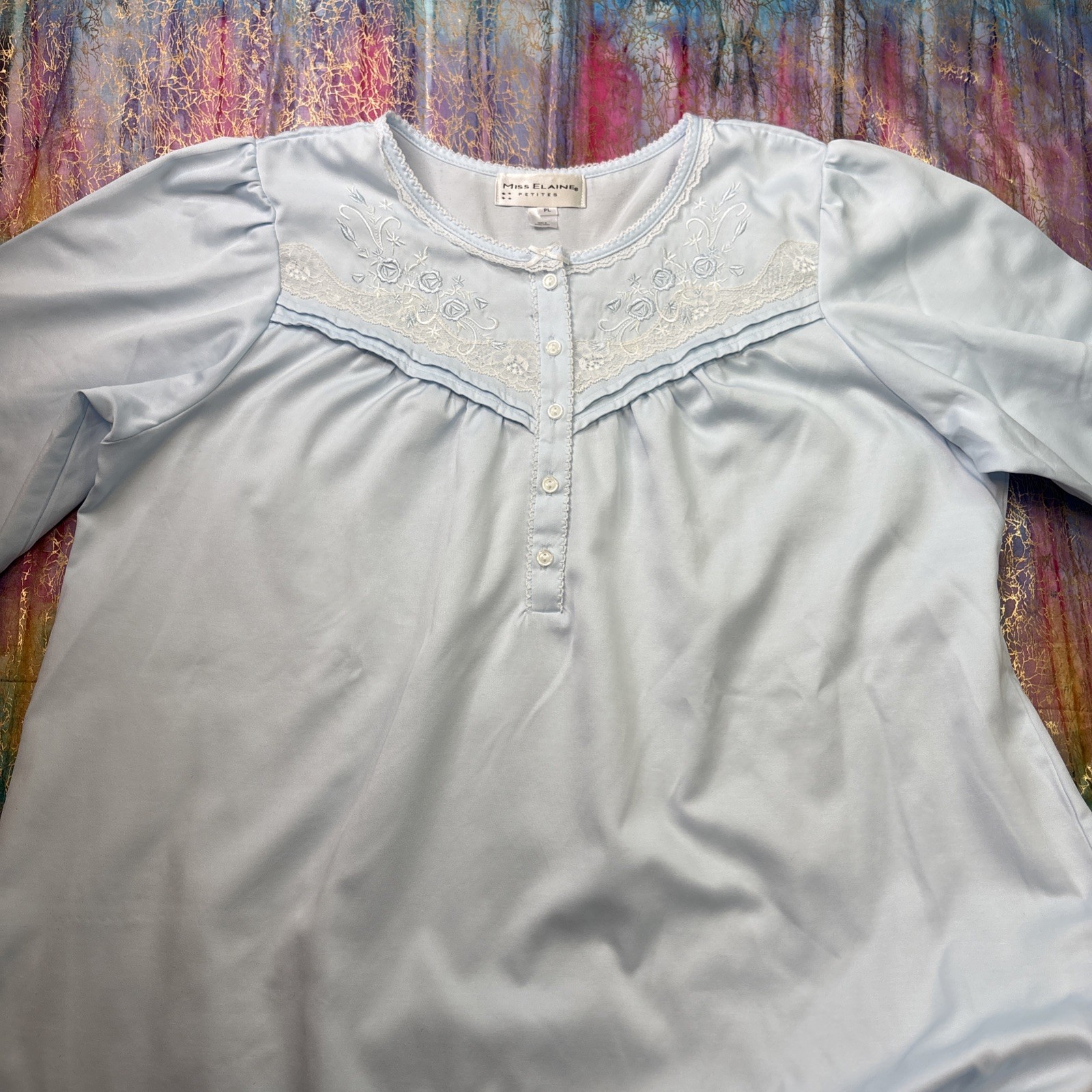 Miss Elaine Petites PL Nightgown Blue Long Sleeve Lace Embroidered Floral