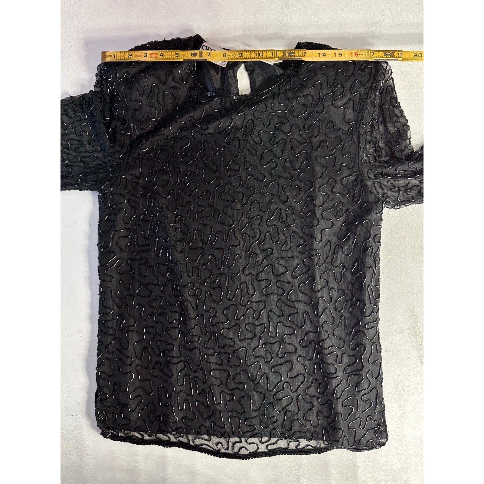 Sweelo Vintage Black Beaded Silk Top Sheer Long Sleeve Evening Blouse Small 6-8