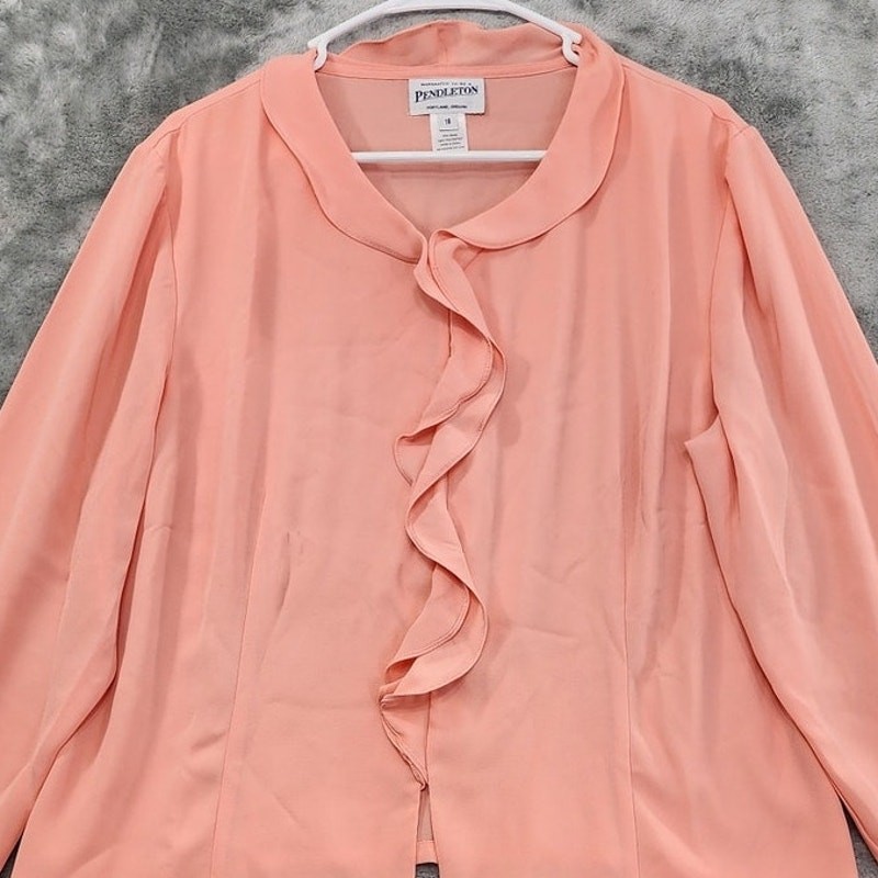 Vintage 90s Pendleton Top Womens 18 Orange Ruffled Long Sleeve Chiffon Office