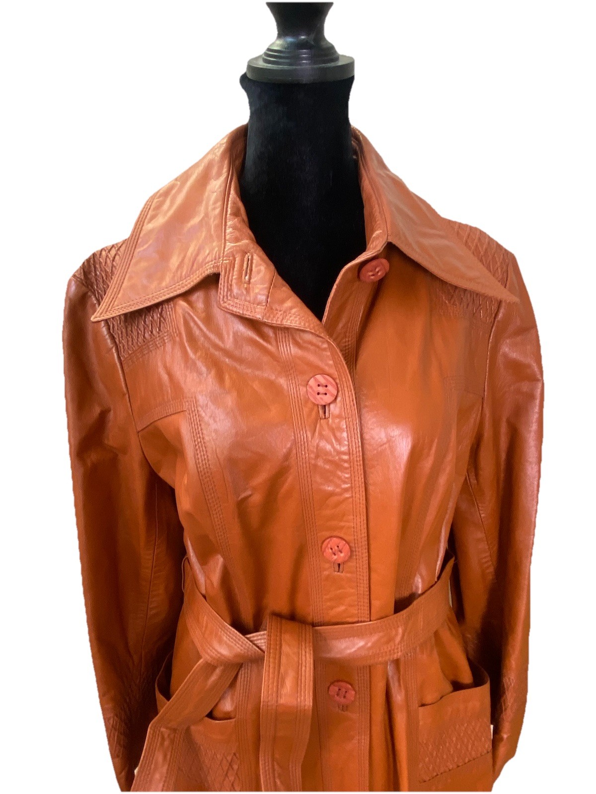 Vintage 1970s Suburban Heritage Leather Terracotta Dagger Collar Coat Bust 36