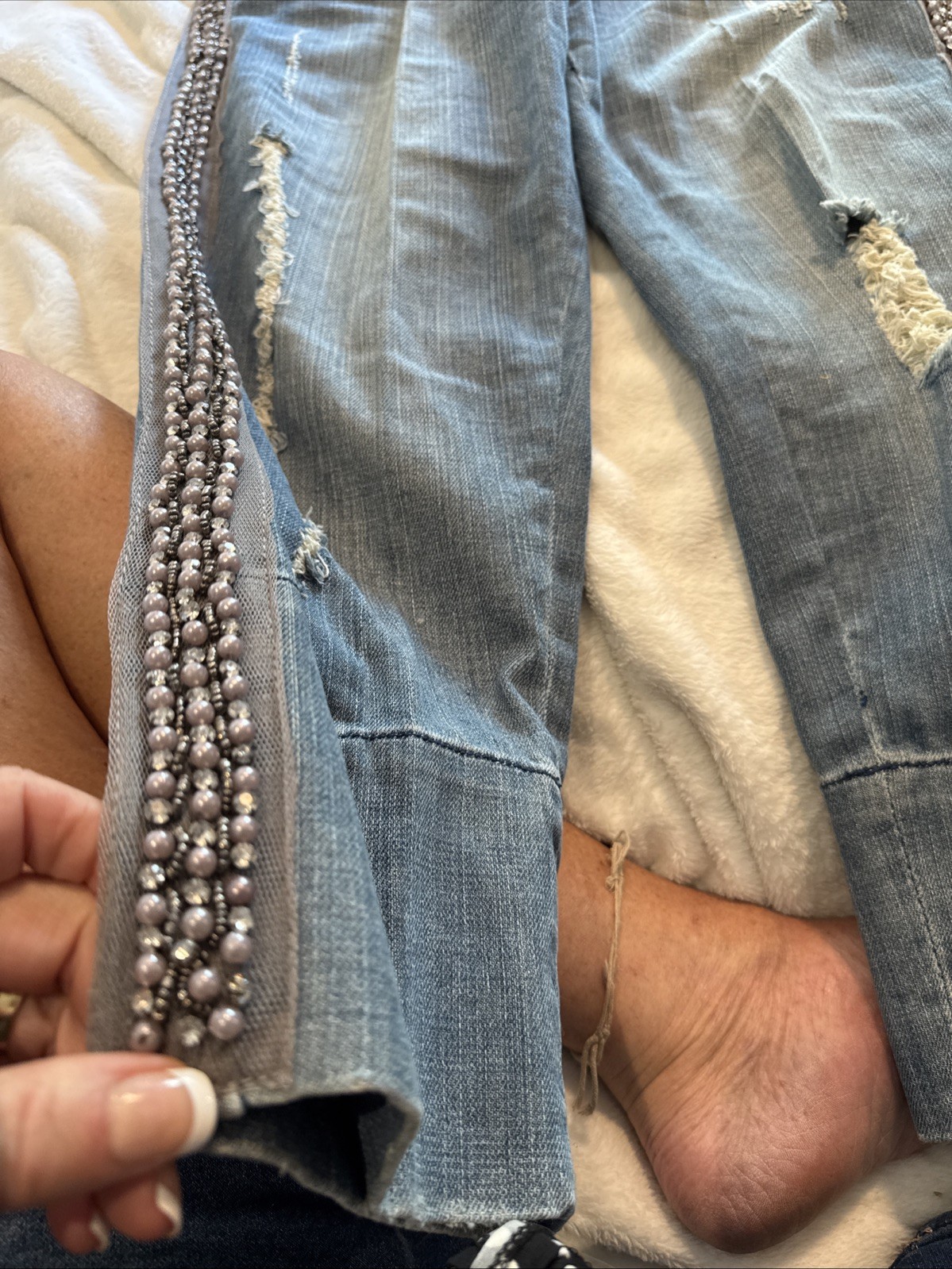 Vintage Baby Phat Capri Pants Distressed Silver Pearls Rhinestones Cat Size 7