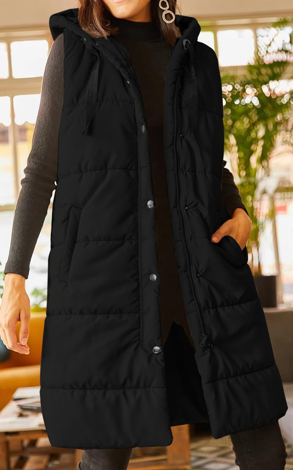 Grlasen Women’s Long Quilted Puffer Vest Sleeveless Hooded Button Down Padded…