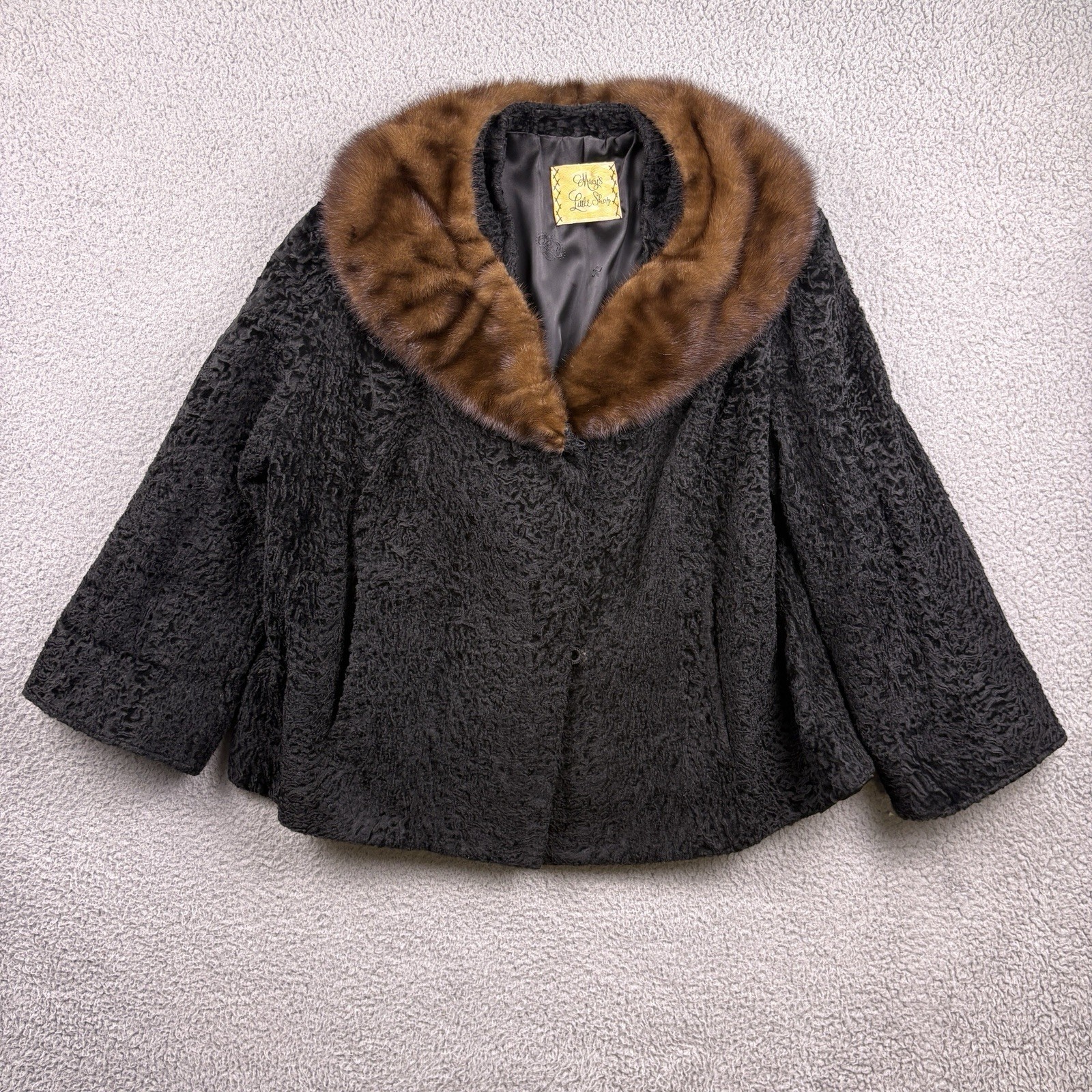 VTG Macy’s Little Shop Fur Coat Womens Large Mink Trim Lamb Retro Cropped