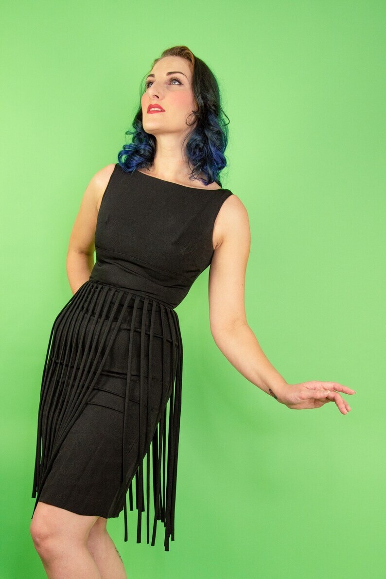 Vintage 1950s 60s Pinup Cocktail Dress Fringe Midi Pencil XS S 2 4