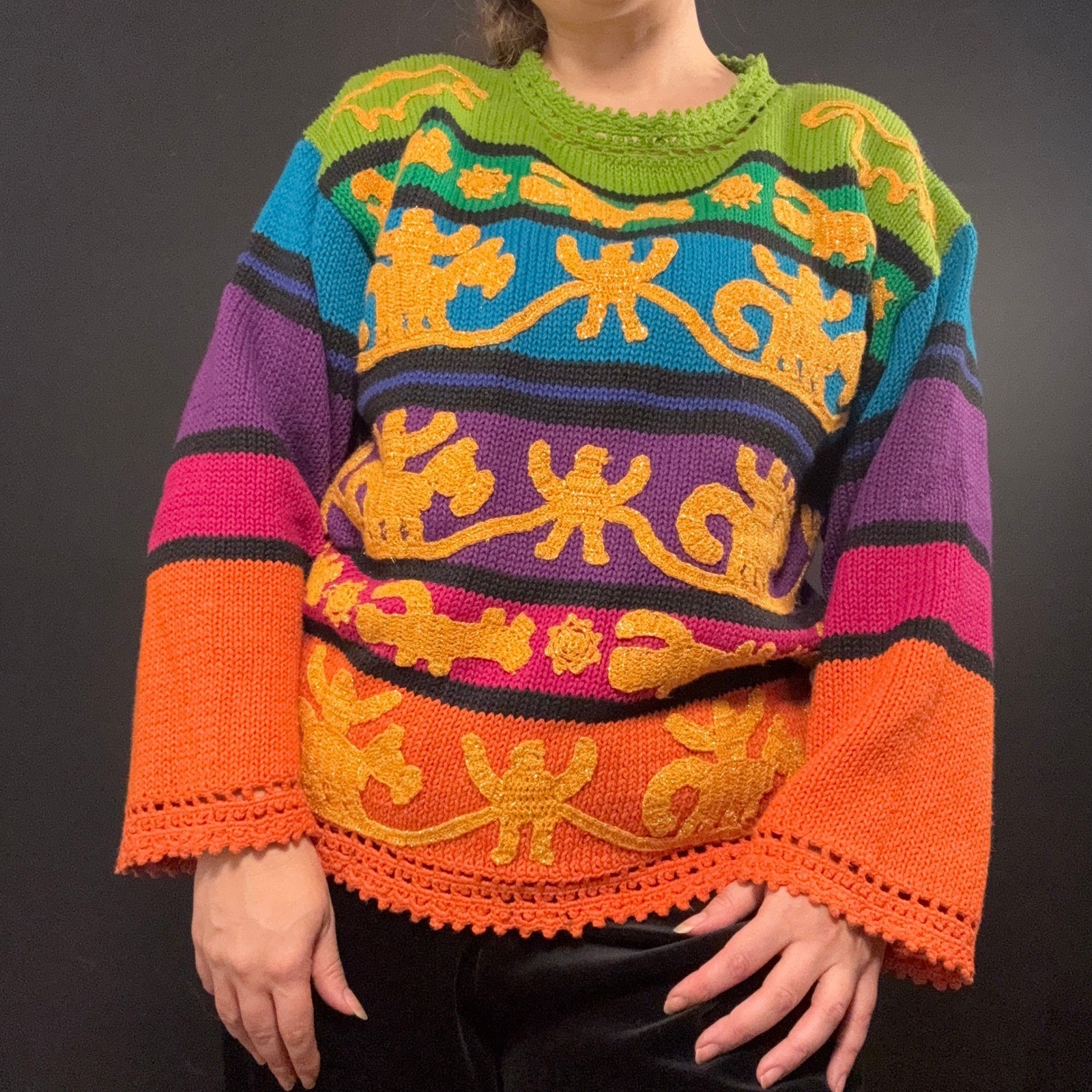 Vtg Rainbow Gold Oversized Knit Sweater M Cotton Maximalist Art to wear Artsy