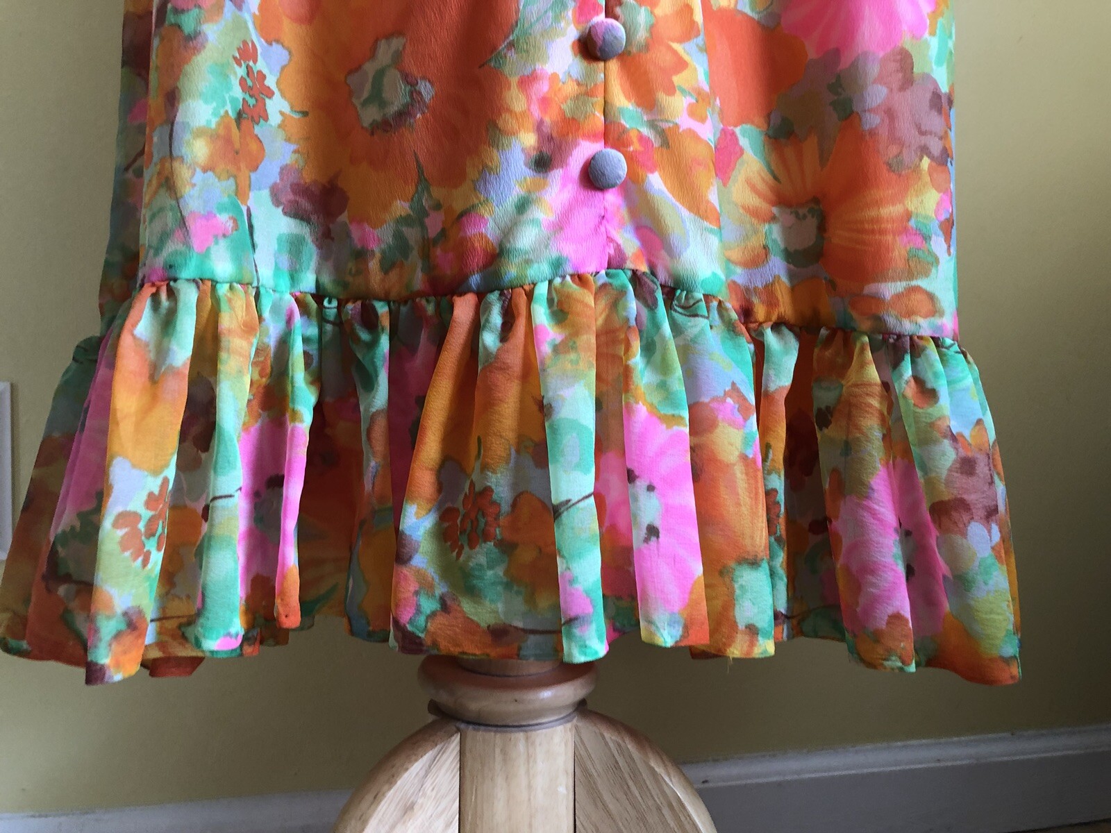 Vintage 70s Psychedelic Bright Pink Orange Floral Long Hippie Dress Sz Sm-Medium