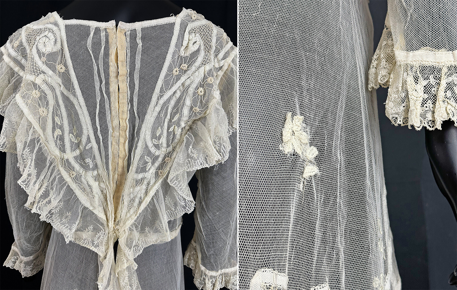 Edwardian Antique Princess Brussels Applique Duchesse Bobbin Tape Lace Dress VTG
