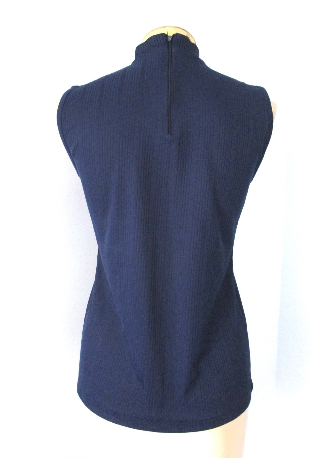Vtg 60s 70s Mod Navy Blue Textured Knit Stripe Shell Blouse Top Back Neck Zip M