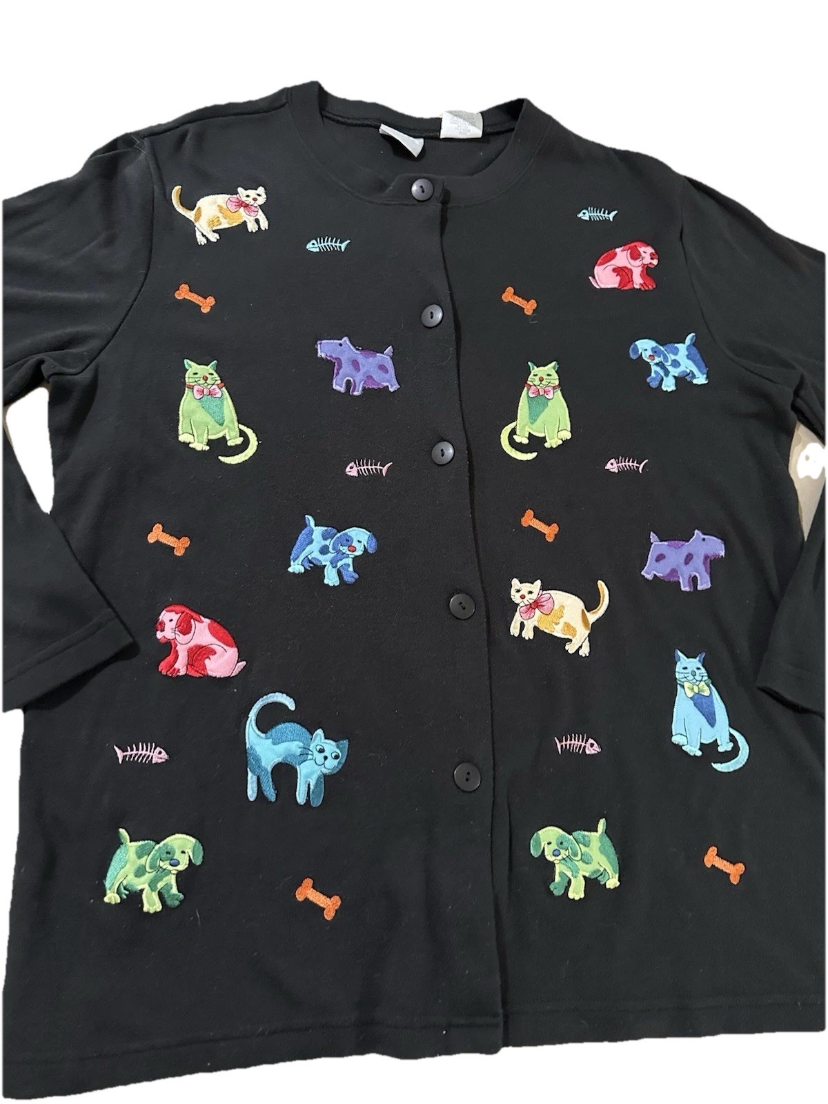 VTG Cat Dog Embroidered LRG top Kitty Puppy Toy Button up Grandma Pets black