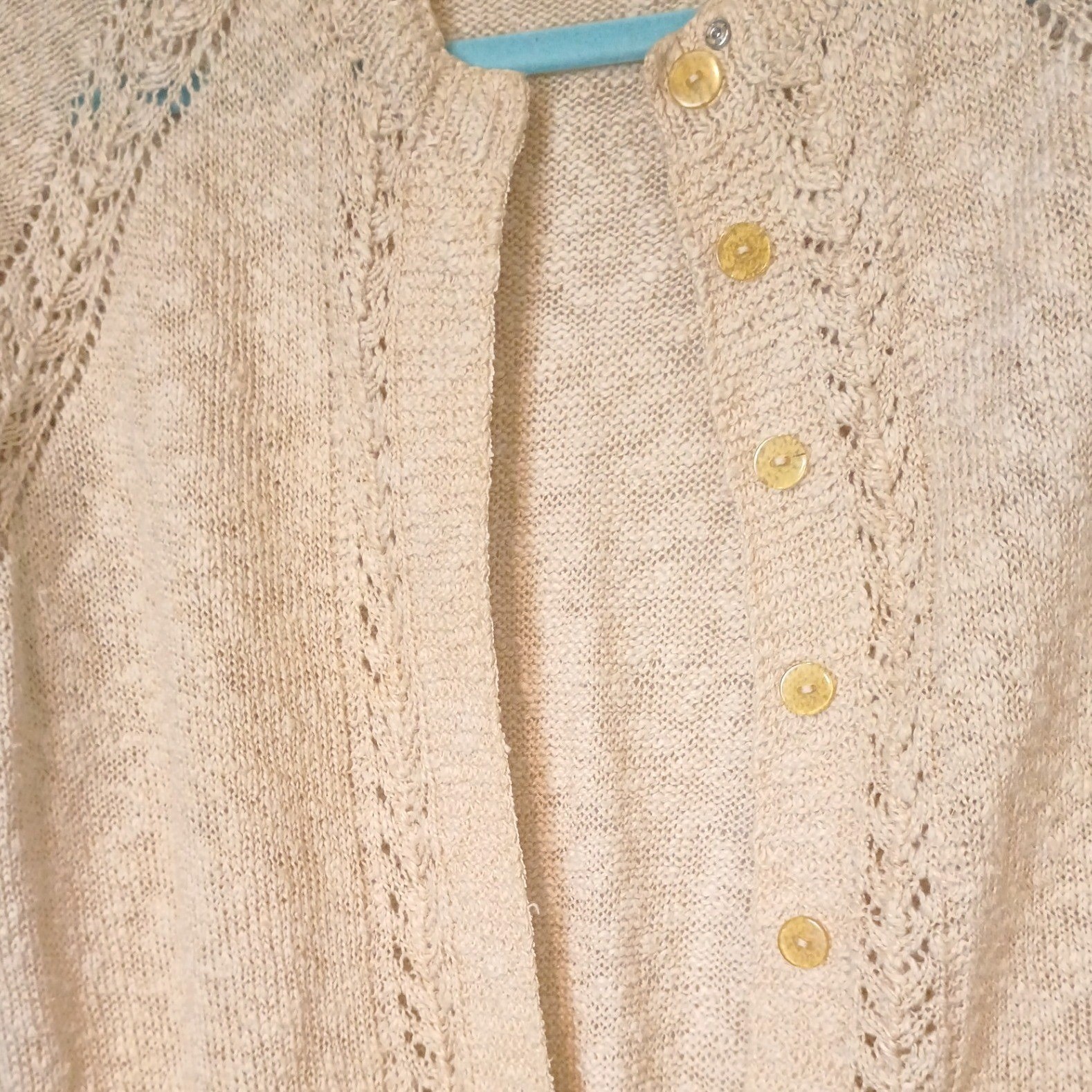 Vintage Handmade Pointelle Knit Cardigan Dress Oatmeal Beige Longline Midi XL