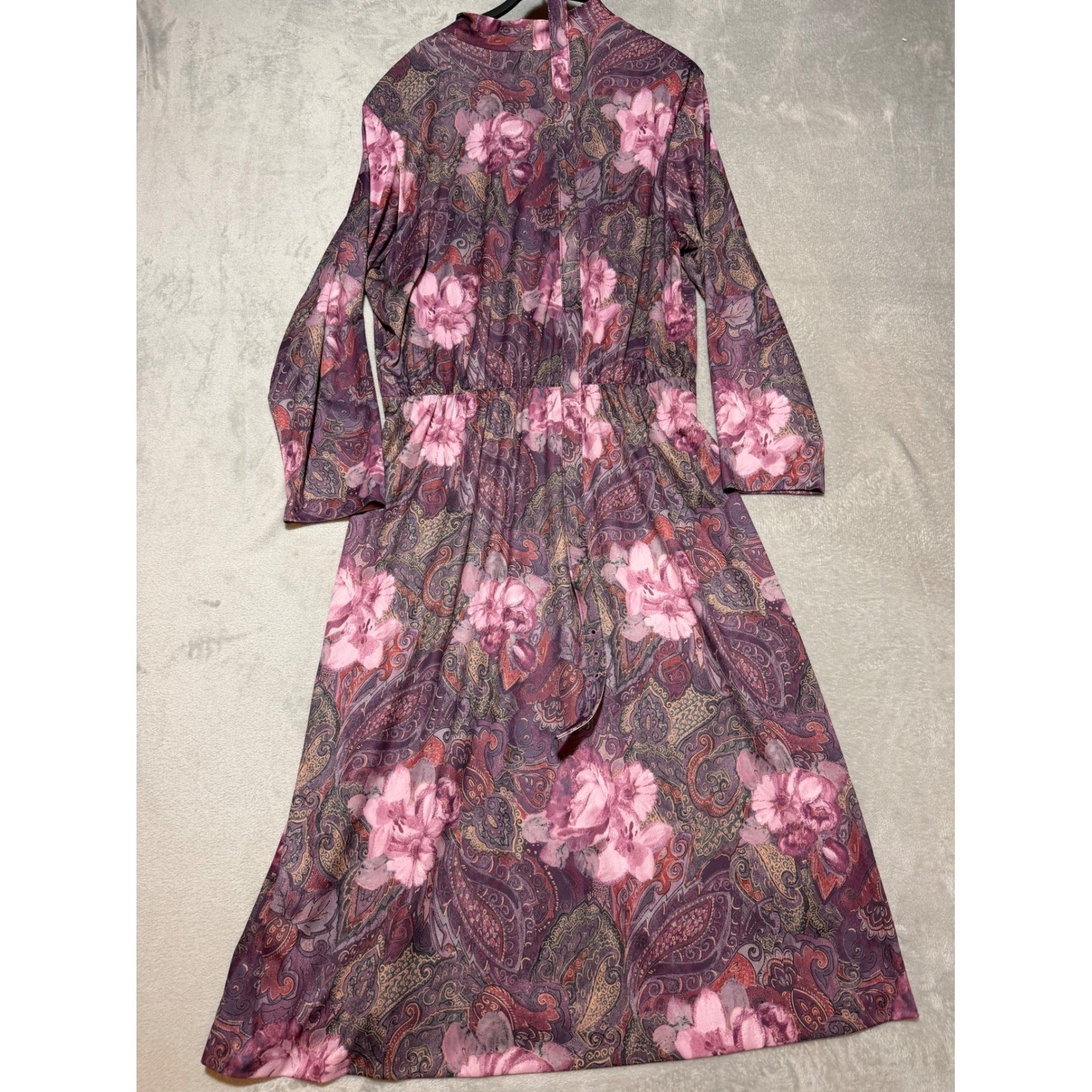Vintage Blair Mauve Paisley Floral Midi Dress Pearl Button Belted 80 Made in USA