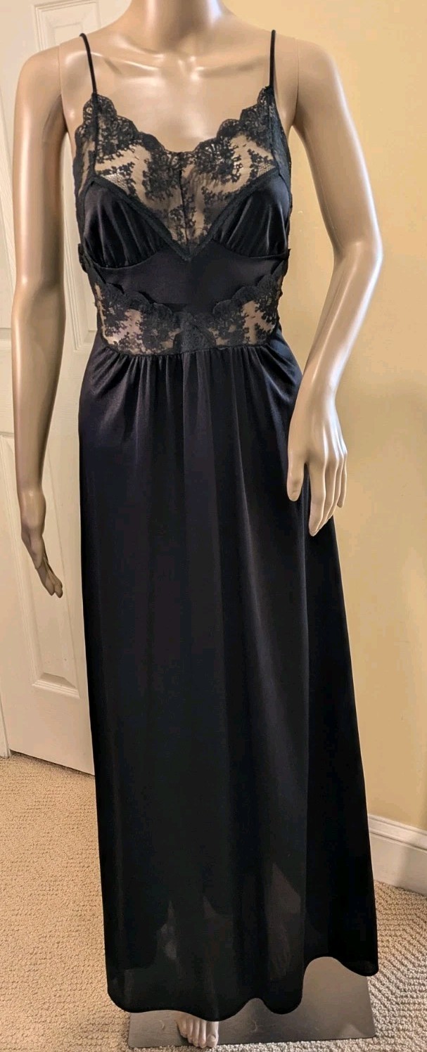 Vtg Rikki New York Silky Black Nylon Lace Maxi Gown Slip Neglige’ Sz M