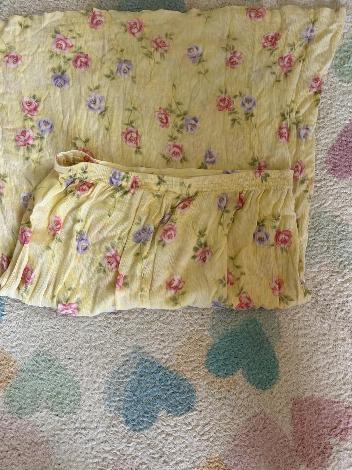 vintage y2k pastel yellow pink and purple floral midi skirt size L/XL