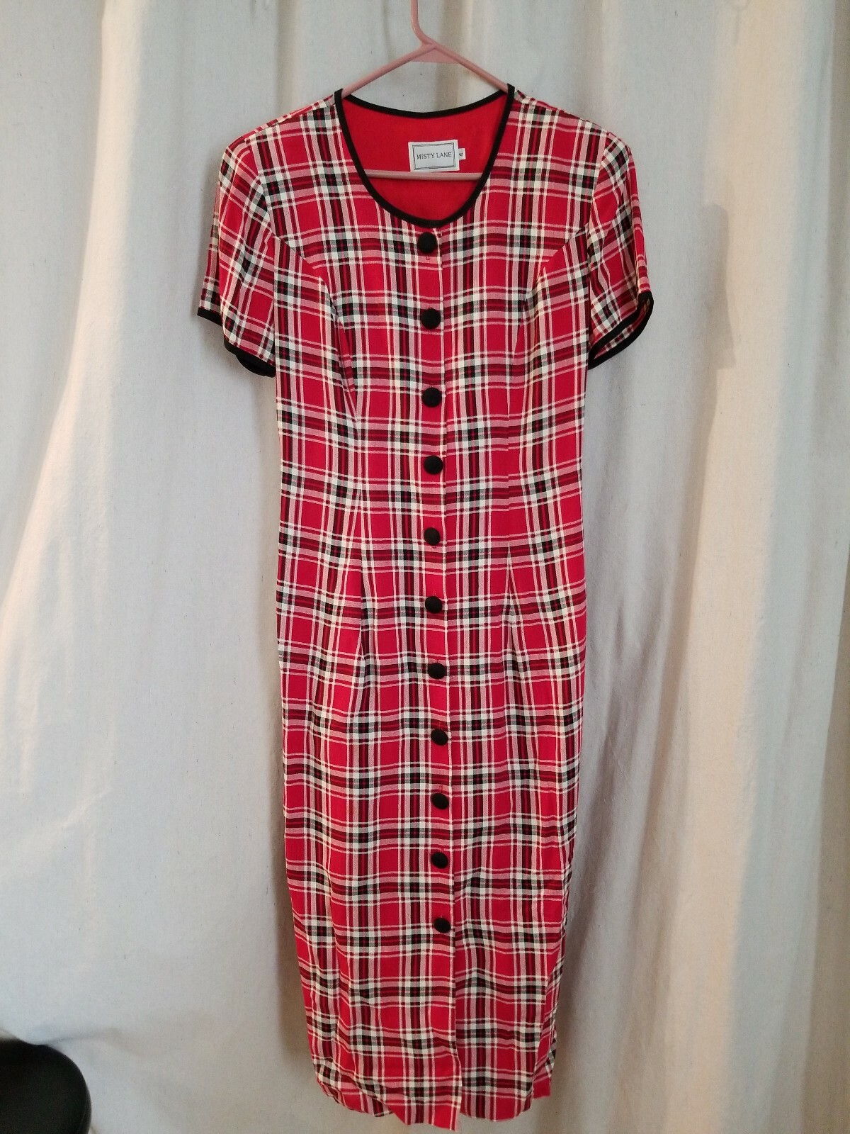 MISTY LANE ILGWU Union Label Red Black White PLAID Midi DRESSS Vtg 80s Sz 4