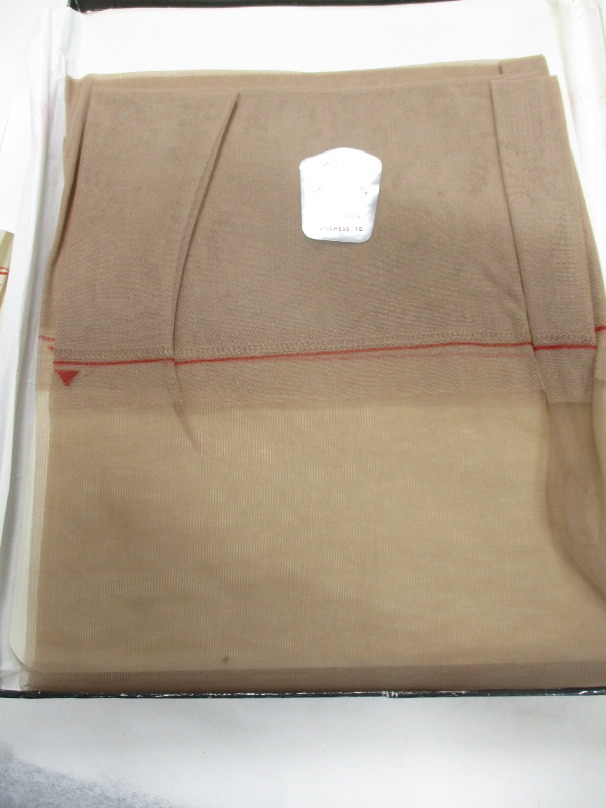 1PR VINTAGE BELLE SHARMEER RT SHEER SHINY FLAT KNIT NYLON STOCKINGS 10 LONG TAUP