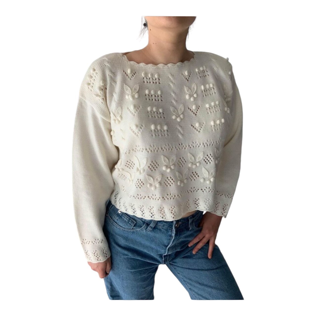 New Rare Item Vintage 80s Retro Cream Crochet Floral Sweater Medium