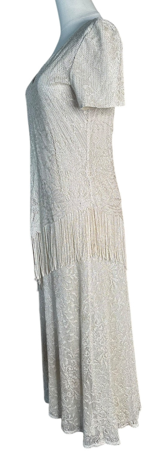 Vtg SL Fashions Cream Gold Lame Sparkly Formal Long Party Dress with Fringe 6
