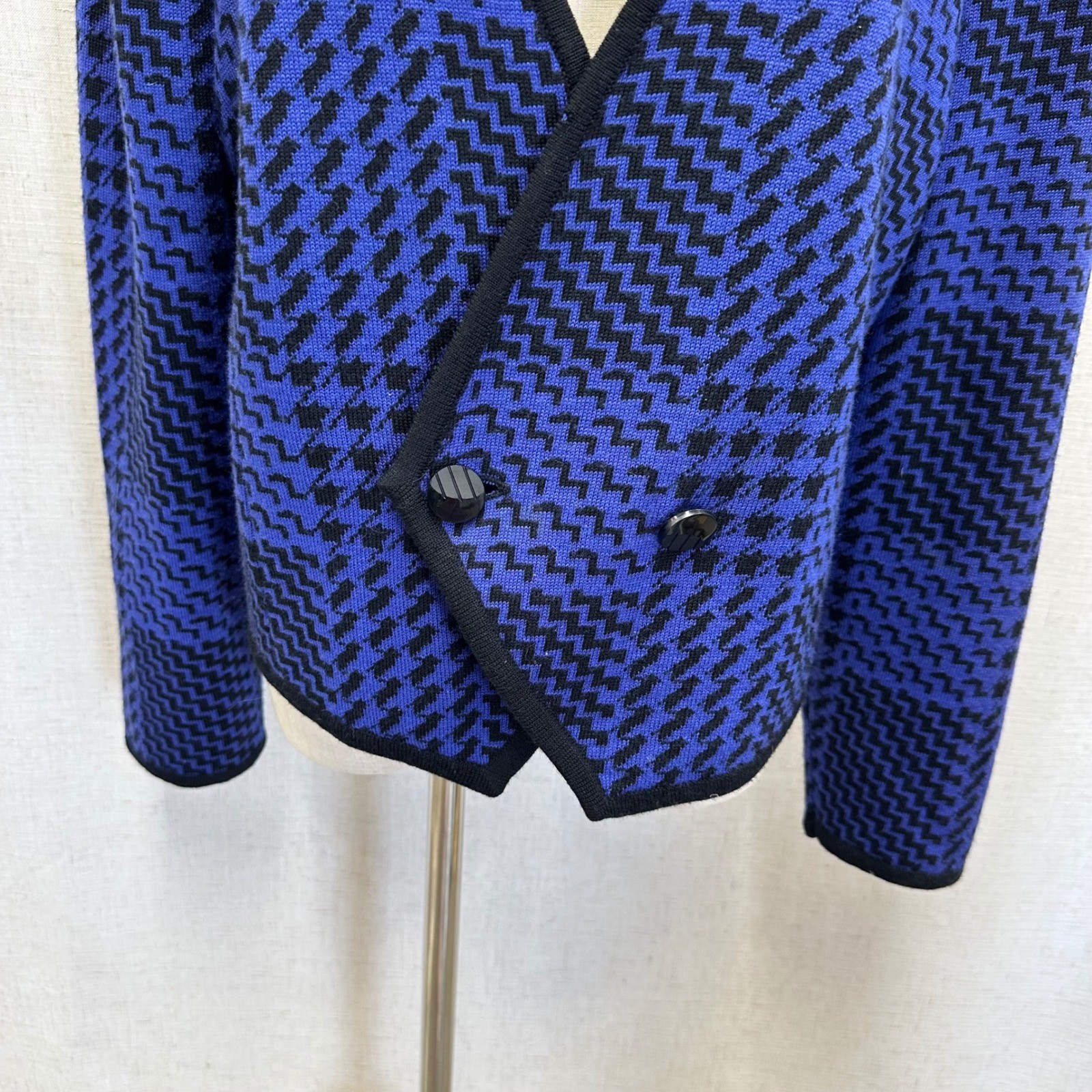 Ciao Ltd Vintage Cardigan Womens Large Blue Black Houndstooth Wool Blend Knit