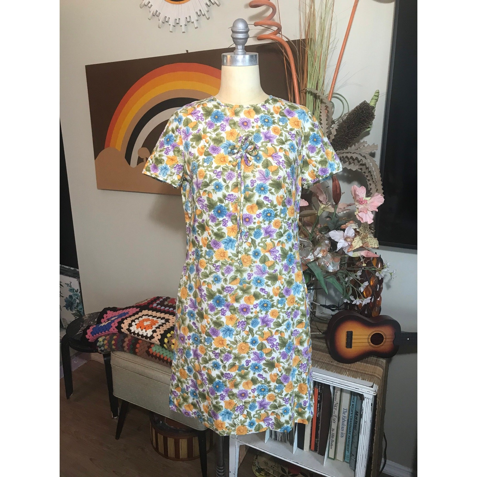 Vintage 1960s Frances Brewster Shift Dress Cotton Floral Mod Blue Purple Yellow