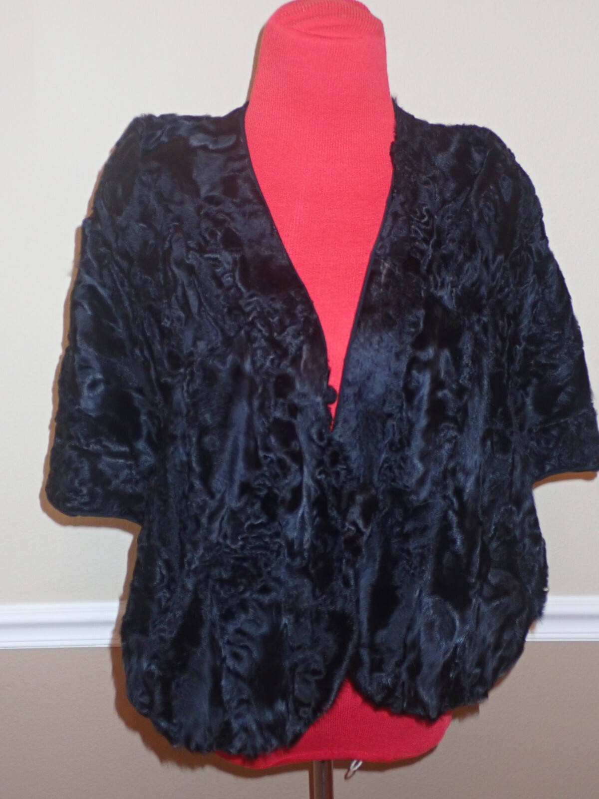 40s 50s VTG Black Broadtail Lamb Fur Stole Capelet Double Shoulder Pockets M/L