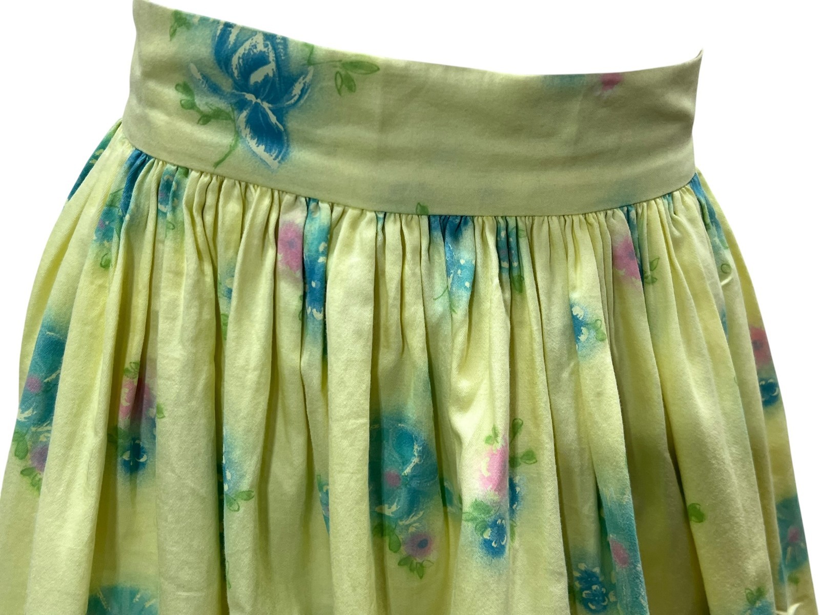 Vtg 60s SKIRT Sz XS~S 24″ W+ Cotton Skirt Yellow Aqua Polished Cotton Floral