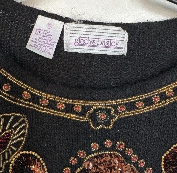 Gladys Bagley Vintage Beaded Sequin Sweater Black S 1980s