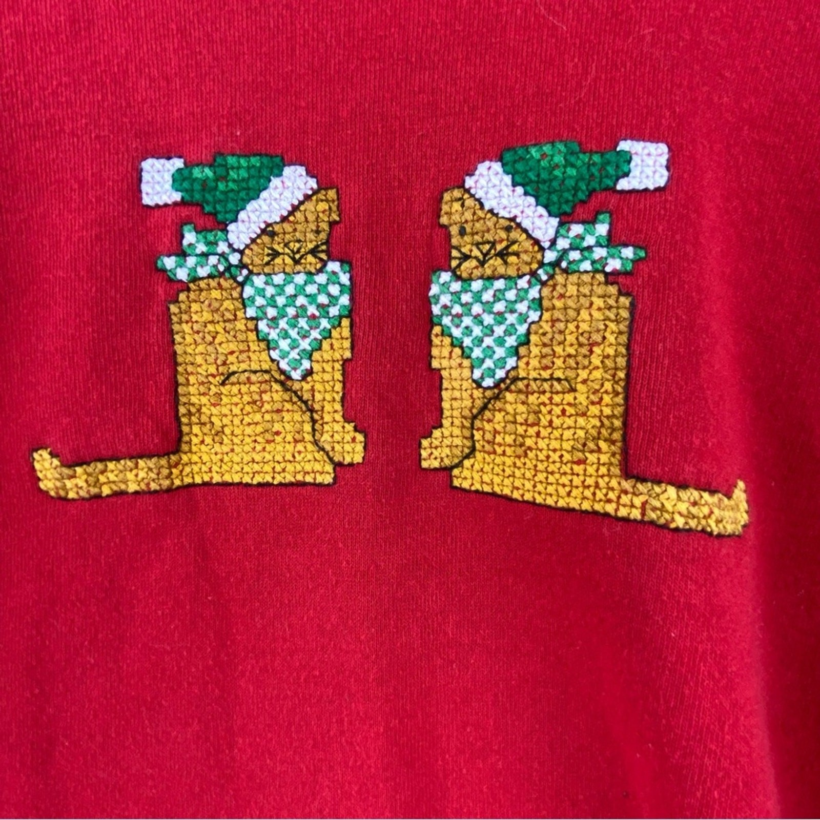 Vintage Cross Stitch Cats Sweatshirt Red Holiday Size 2X Christmas Kitty