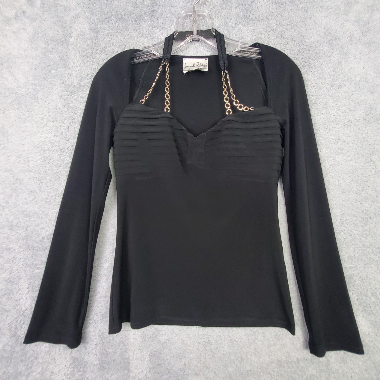 Vtg Joseph Ribkoff Top Sz S Black Halter Long Sleeve Chain Link Sweetheart Neck
