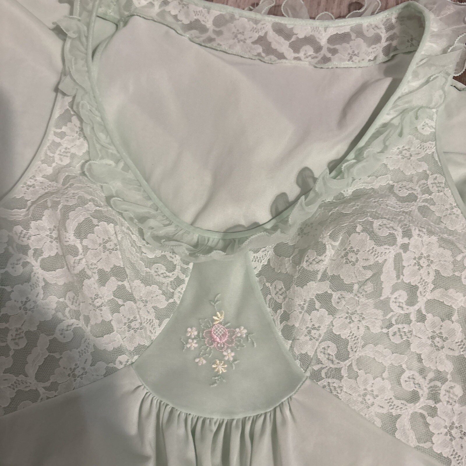 VTG 60’s Pale Green Lingerie Nightgown Long Lace Detail Size Small