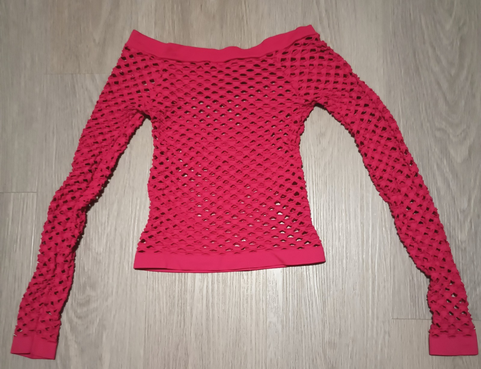 Vtg 80s Stretchy Mesh Fishnet Shredded Look Off Shoulder Red Top glam rock XS