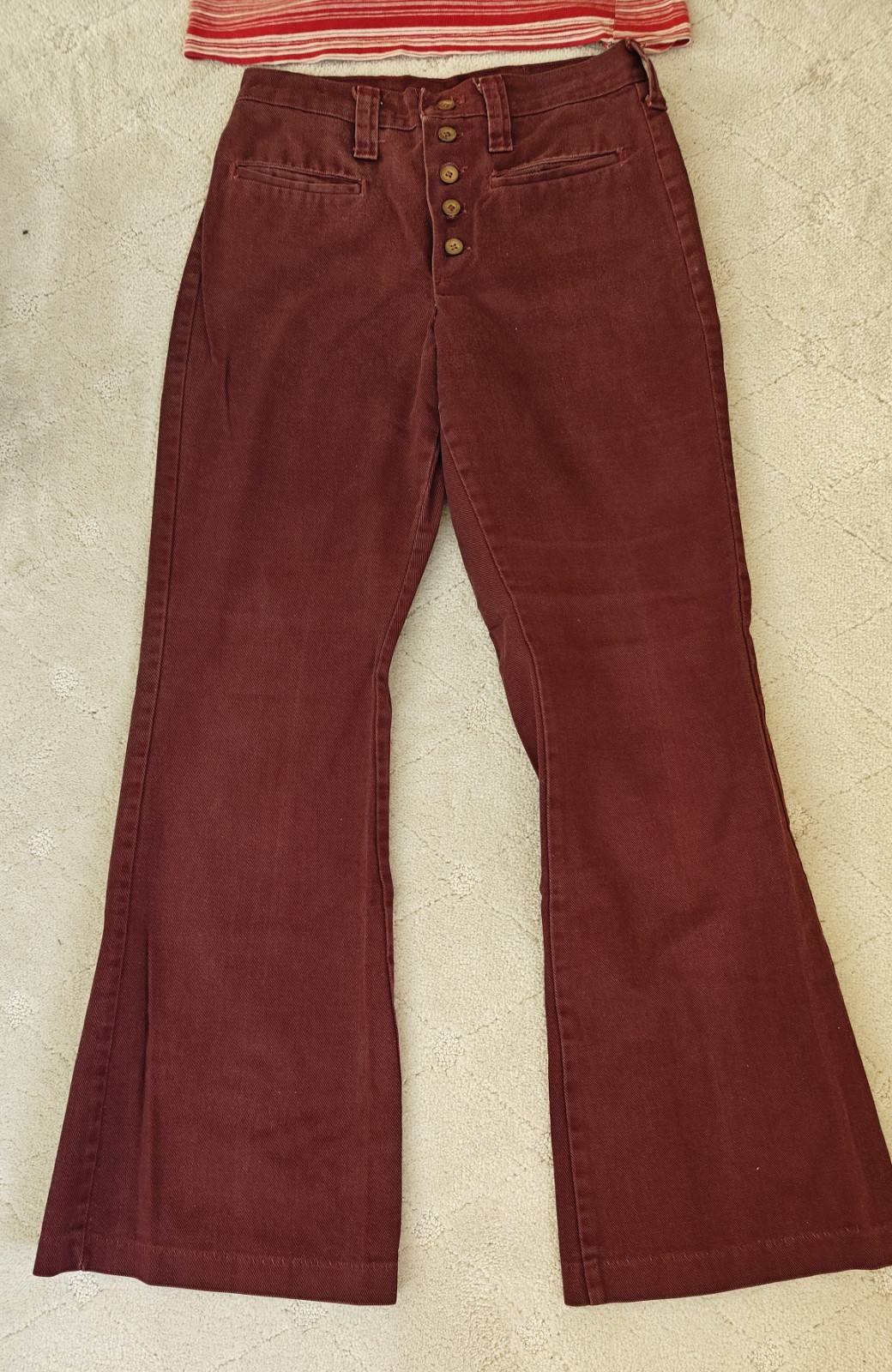 VTG 1970s Original Burgundy Five Button Fly Juniors Girls Bell Bottoms 26 X 28.5