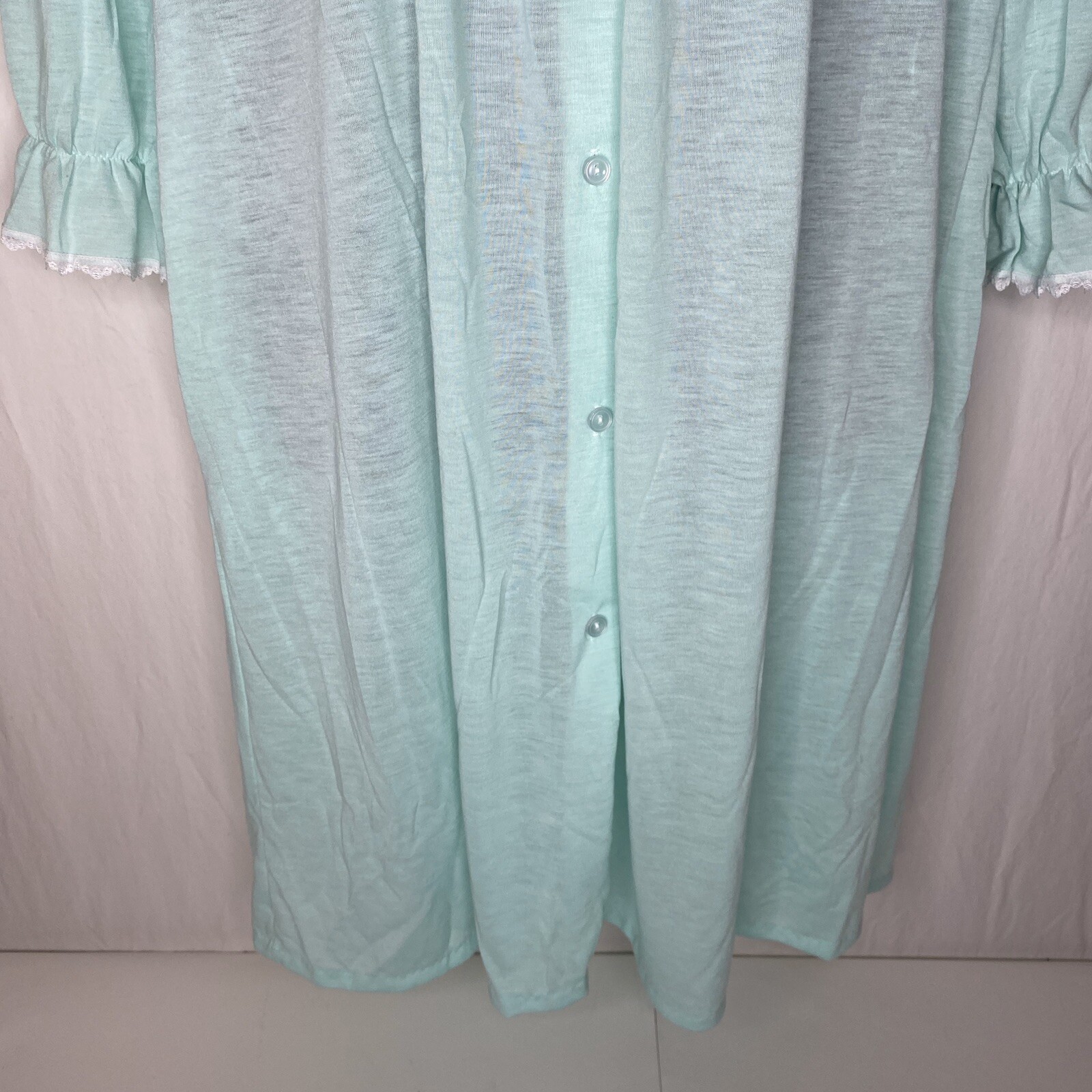 Cinejour Nightgown Ruffles Button Up Long Sleeve M USA Polyester Mint Green