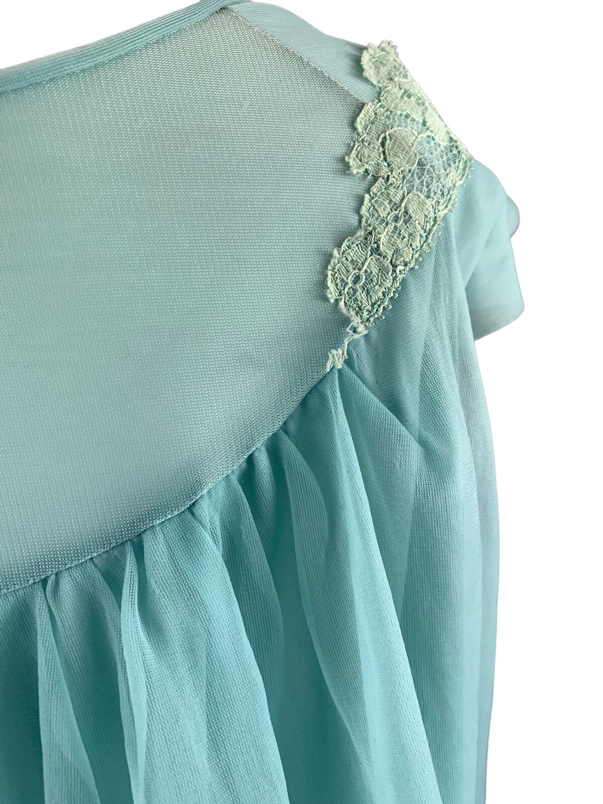 VTG Texsheen Lingerie Chiffon Green Blue Nightgown Dress Nylon Sheer Lace 32