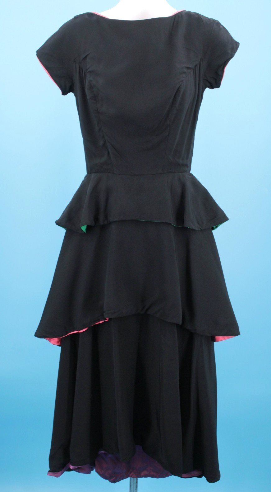 VTG Women’s 40s Black Tiered Rayon Dress W/ Multi Color Lining XXS/XS 1940s