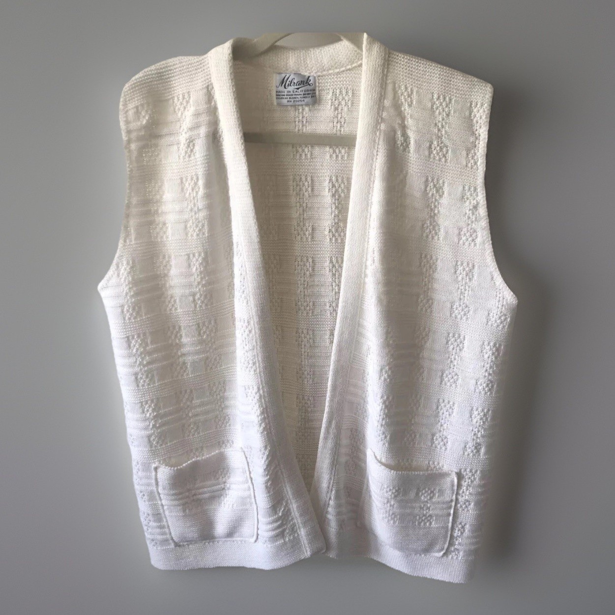 Vintage Milrank Ivory Open Knit Front Sweater Vest Women’s Sz M Granny Core USA