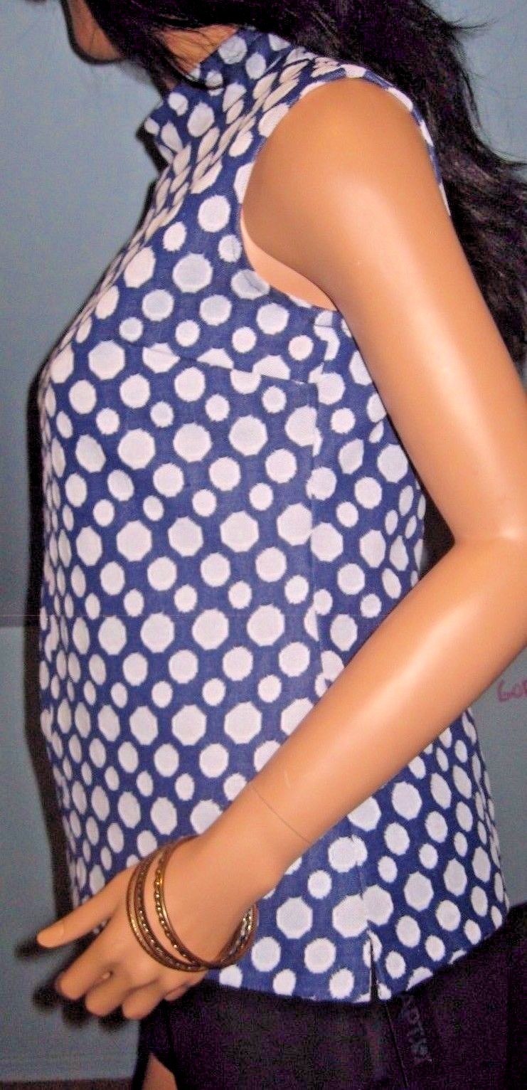 Vintage~Blue~White~Polka Dots~Blouse~Side split~back Zipper~Size L/XL!