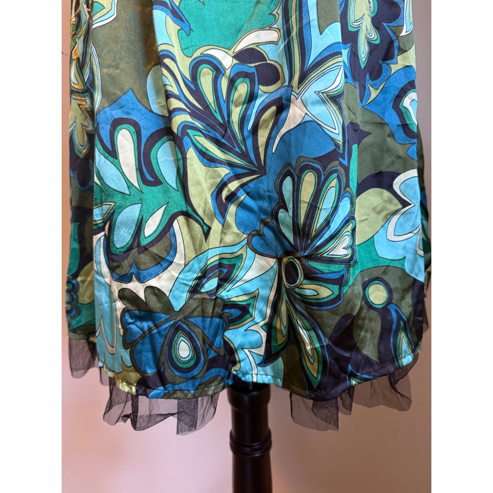 Love Tease Green Aqua Floral Satin Fit Flare Dress Tulle y2k 5 NWT retro dainty